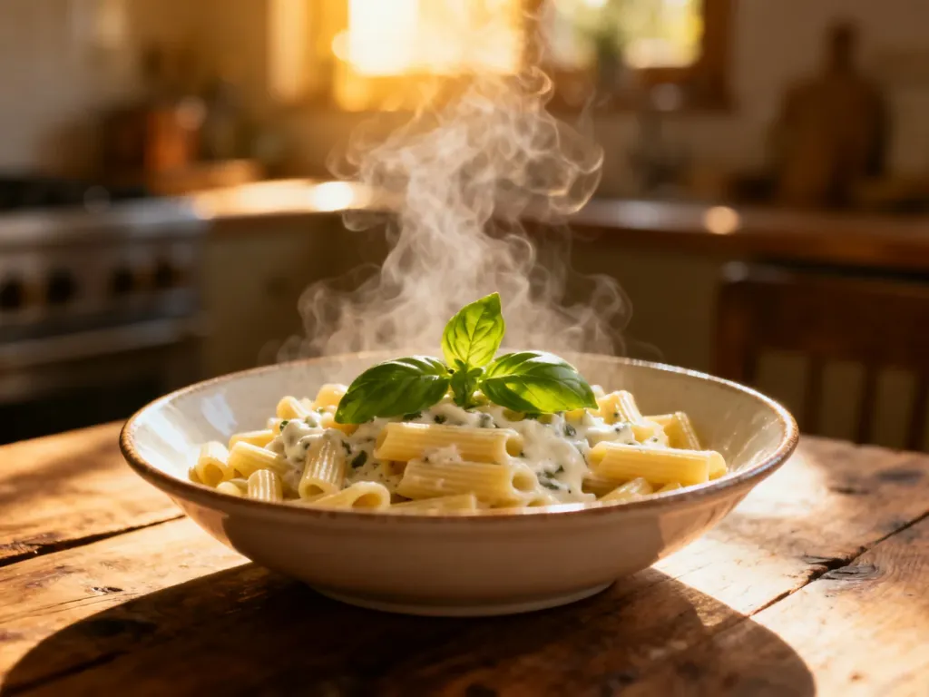 Parująca miska makaronu al dente z bazylią na rustykalnym stole, podkreślająca apetyczny charakter dania.